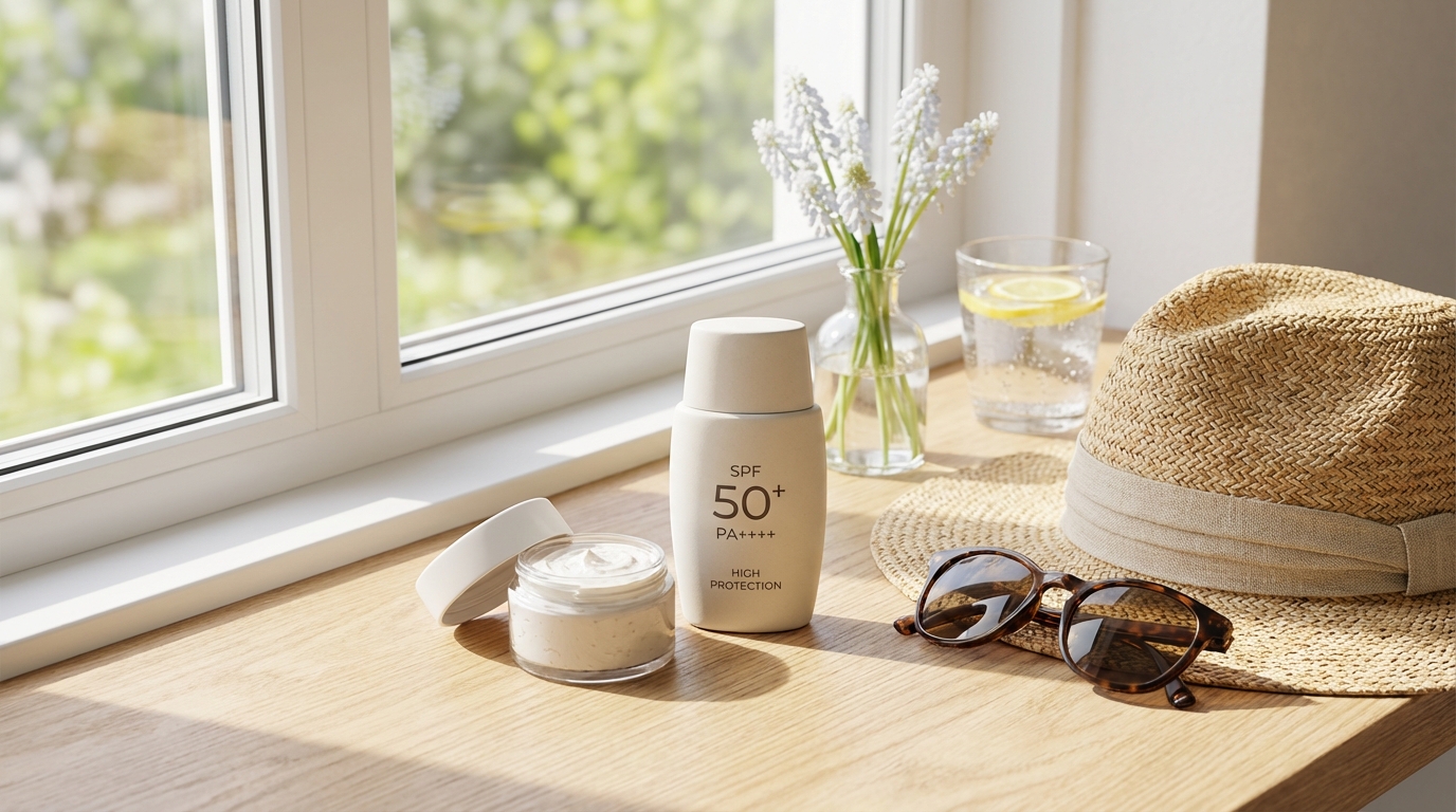 sonnenschutzmittel spf gesichtscreme sonnenbrille hut und ein glas zitronenwasser auf einer hölzernen fläche an einem fenster mit sonnenlicht und blumen