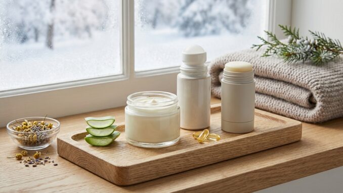 auf einem holztablett stehen ein cremetiegel aloe vera scheiben kapseln ein roll on fläschchen ein stäbchenbehälter und eine schale mit getrockneten kräutern neben gefalteten handtüchern an einem verschneiten fenster