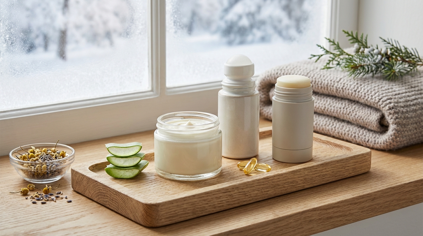 auf einem holztablett stehen ein cremetiegel aloe vera scheiben kapseln ein roll on fläschchen ein stäbchenbehälter und eine schale mit getrockneten kräutern neben gefalteten handtüchern an einem verschneiten fenster