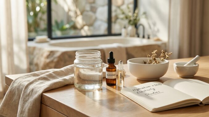 auf einem holztisch neben der badewanne stehen ein glasgefäß mit wasser zwei kleine pflegeflaschen eine schale mit getrockneten pflanzen und ein aufgeschlagenes notizbuch mit notizen