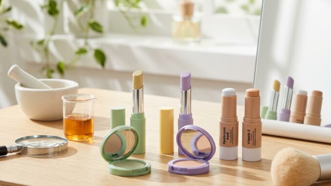 ein hölzerner waschtisch enthält verschiedene make up produkte darunter lippenbalsam puderdosen make up stifte einen schminkpinsel und hautpflegeprodukte mit einem spiegel und pflanzen im hintergrund