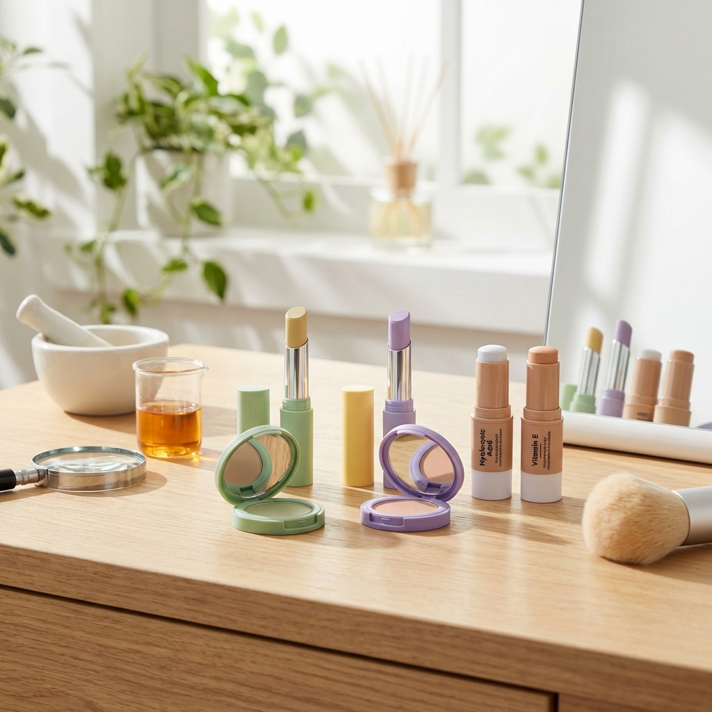 ein hölzerner waschtisch enthält verschiedene make up produkte darunter lippenbalsam puderdosen make up stifte einen schminkpinsel und hautpflegeprodukte mit einem spiegel und pflanzen im hintergrund
