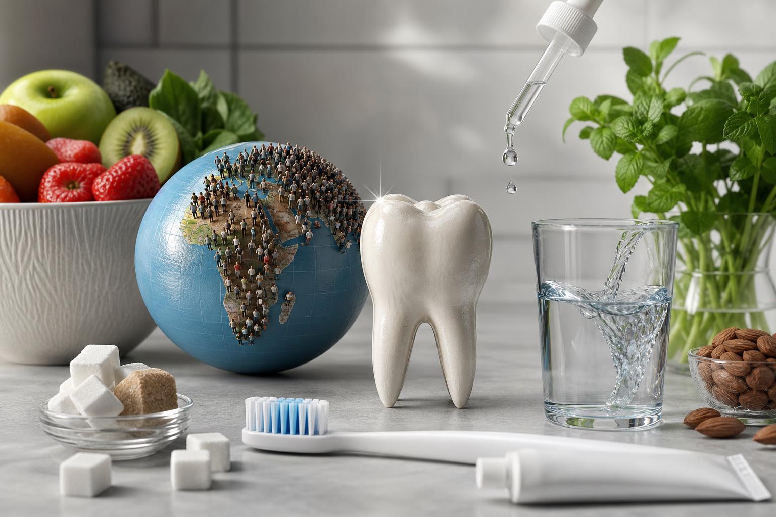 ein großer modellzahn eine weltkugel eine zahnbürste zahnpasta zuckerwürfel ein glas wasser obst nüsse und kräuter sind auf einer theke angeordnet und deuten auf themen der zahngesundheit hin