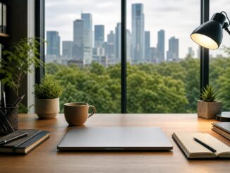 ein aufgeräumter schreibtisch mit einem geschlossenen laptop notizbüchern und topfpflanzen steht an einem großen fenster mit blick auf die skyline der stadt und die bäume an einem bewölkten tag