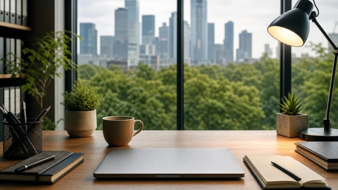 ein aufgeräumter schreibtisch mit einem geschlossenen laptop notizbüchern und topfpflanzen steht an einem großen fenster mit blick auf die skyline der stadt und die bäume an einem bewölkten tag