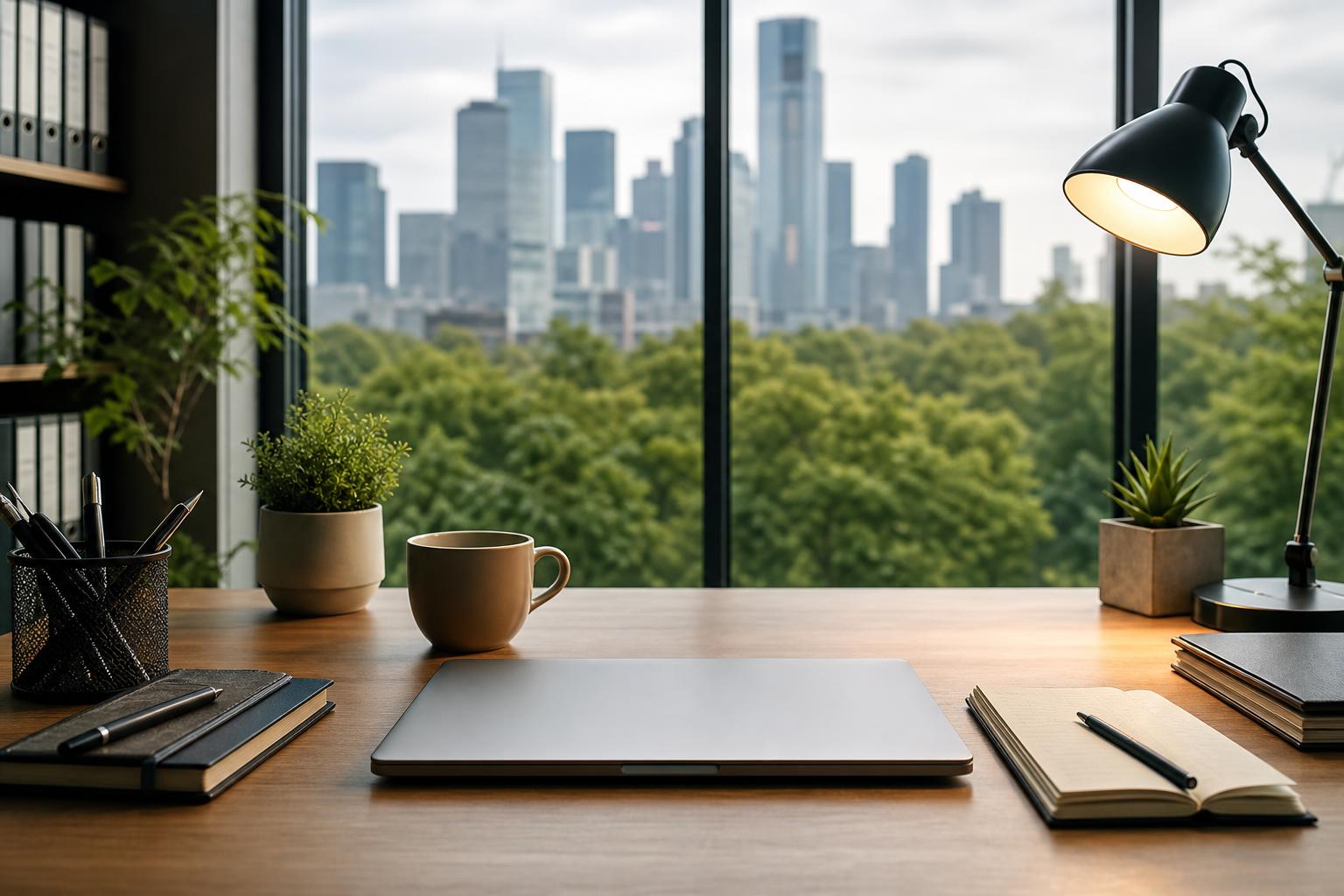 ein aufgeräumter schreibtisch mit einem geschlossenen laptop notizbüchern und topfpflanzen steht an einem großen fenster mit blick auf die skyline der stadt und die bäume an einem bewölkten tag
