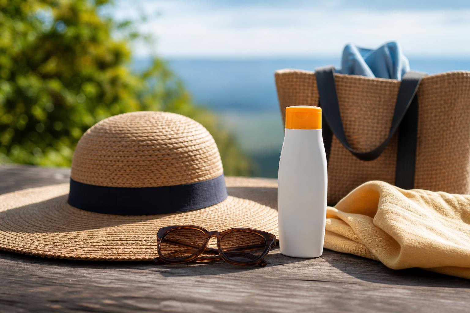 ein strohhut eine sonnenbrille sonnencreme ein handtuch und eine tragetasche sind auf einer hölzernen oberfläche im freien mit grün und himmel im hintergrund platziert