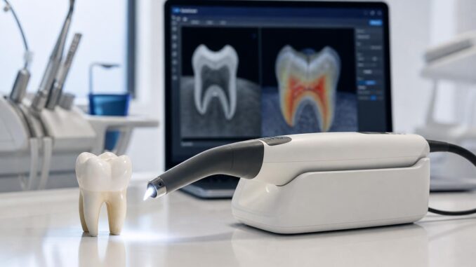 zahnscanner und zahnmodell auf einem tisch mit einem computerbildschirm im hintergrund der digitale bilder der inneren struktur eines zahns anzeigt