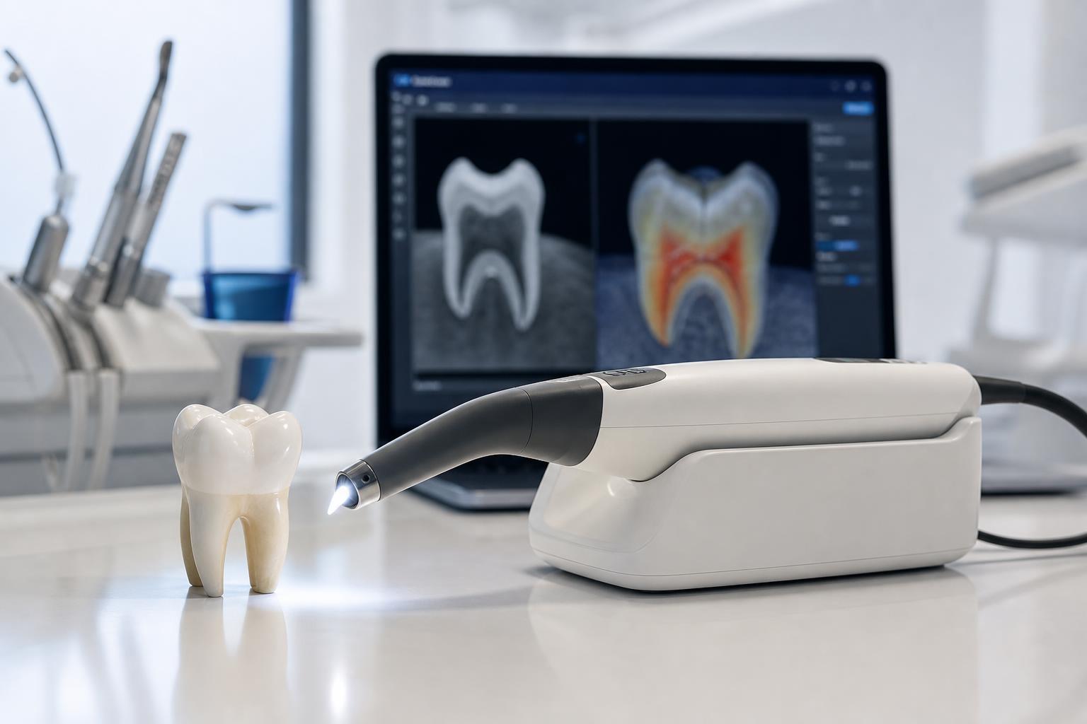 zahnscanner und zahnmodell auf einem tisch mit einem computerbildschirm im hintergrund der digitale bilder der inneren struktur eines zahns anzeigt