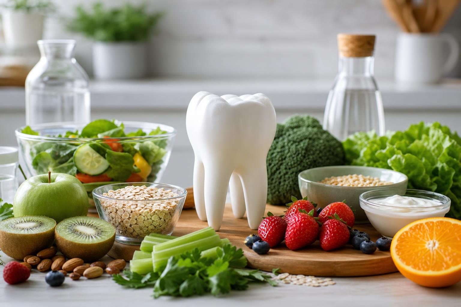 ein modell eines zahns umgeben von gesunden lebensmitteln wie obst gemüse getreide salat und wasser auf einem küchentisch