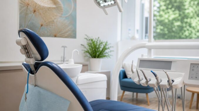 moderne zahnarztpraxis mit einem blauen zahnarztstuhl zahnärztlichen instrumenten einem waschbecken und hellem tageslicht das durch große fenster einfällt im hintergrund sind eine pflanze und wandkunst zu sehen