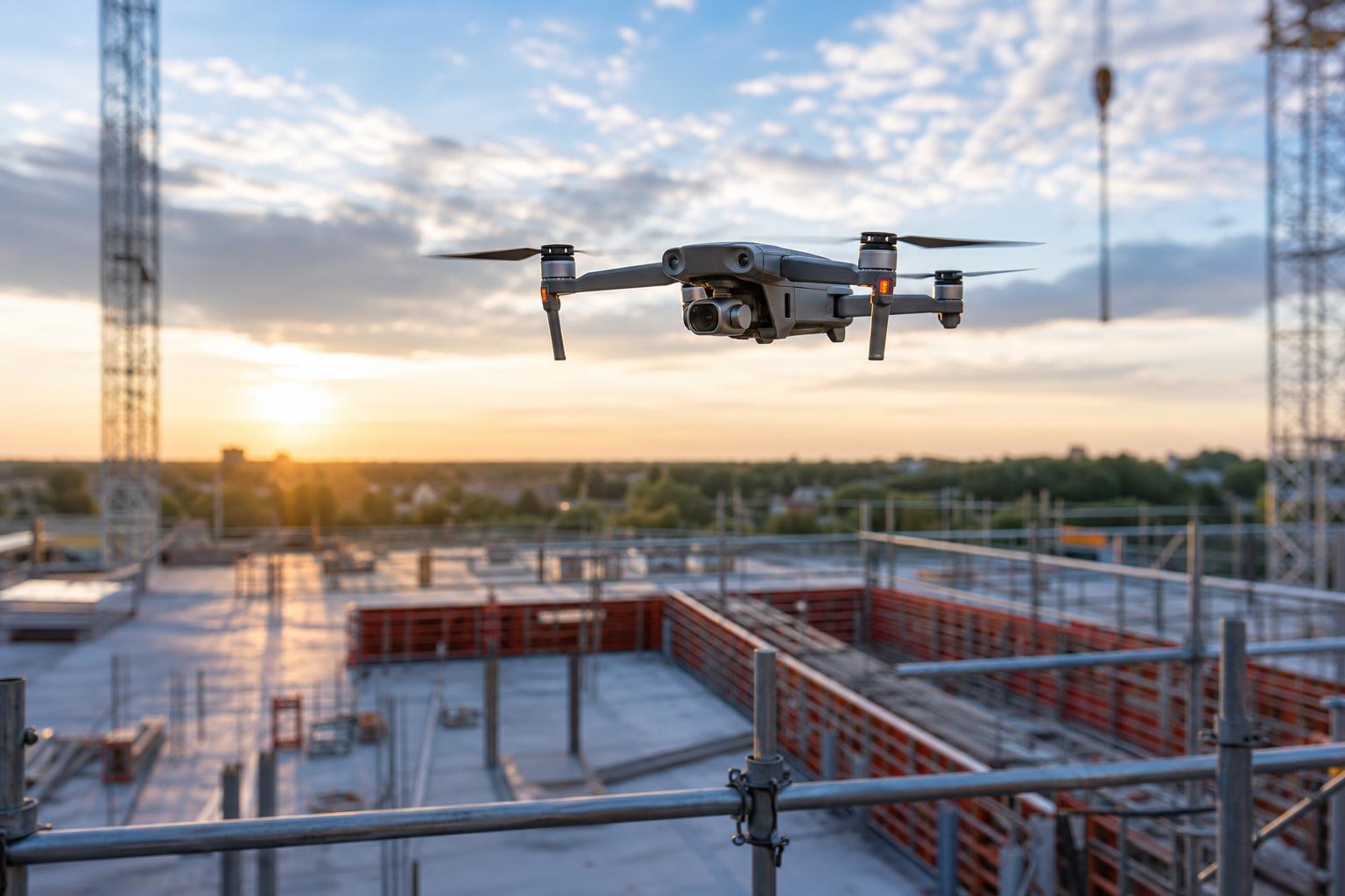 eine drohne mit einer kamera schwebt bei sonnenuntergang über einer baustelle im hintergrund sind baugerüste und kräne zu sehen