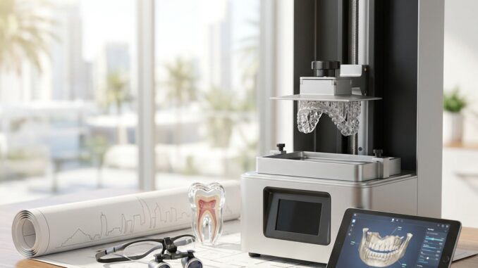 ein d drucker der zahnmodelle erstellt sitzt auf einem schreibtisch mit einem digitalen tablet auf dem ein zahnscan ein zahnmodell blaupausen und zahnmedizinische werkzeuge zu sehen sind in einem modernen büro mit stadtblick