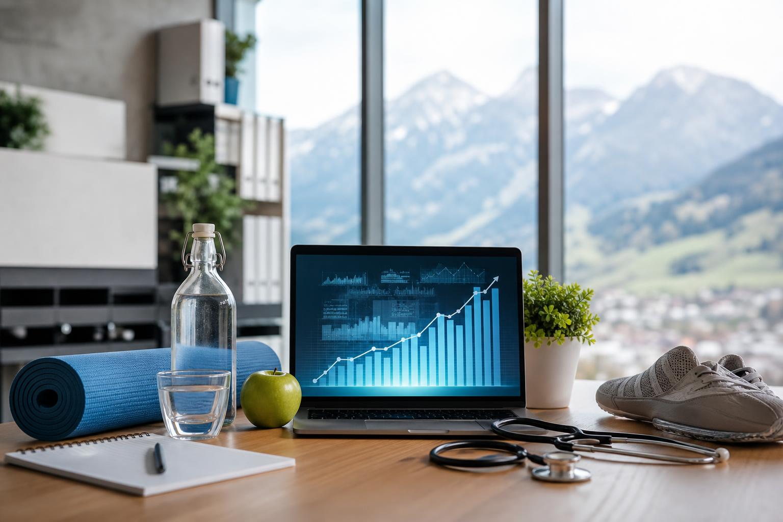 ein laptop mit einem aufsteigenden diagramm steht auf einem tisch mit einer yogamatte einer wasserflasche einem apfel einem glas einem stethoskop einem notizblock einem kugelschreiber turnschuhen und einer topfpflanze mit bergen im hintergrund