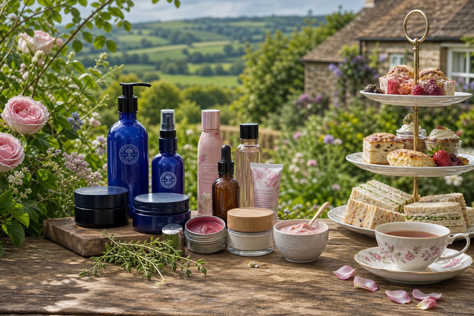 ein holztisch mit hautpflegeprodukten eine teetasse ein tablett mit belegten broten und gebäck rosa blumen und eine malerische landschaft im hintergrund