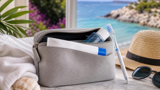 ein kulturbeutel mit zahnpasta zahnbürste und anderen dingen auf einem tisch mit blick auf den strand daneben ein hut eine sonnenbrille ein handtuch und eine muschel