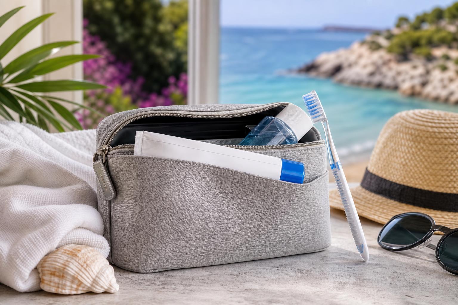 ein kulturbeutel mit zahnpasta zahnbürste und anderen dingen auf einem tisch mit blick auf den strand daneben ein hut eine sonnenbrille ein handtuch und eine muschel