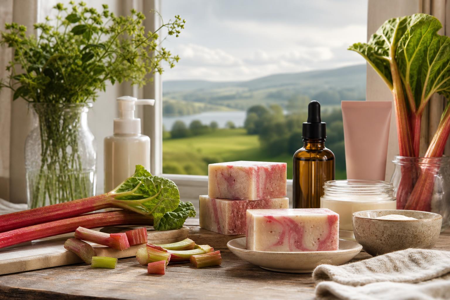 handgemachte seifenstücke geschnittener rhabarber hautpflegeflaschen und eine vase mit grünem laub stehen auf einem holztisch am fenster mit blick auf eine malerische landschaft