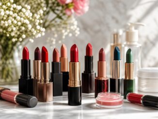 mehrere lippenstifte in verschiedenen farbtönen sind auf einer marmorfläche angeordnet mit blumen und kosmetikbehältern im hintergrund