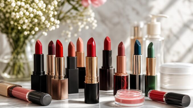 mehrere lippenstifte in verschiedenen farbtönen sind auf einer marmorfläche angeordnet mit blumen und kosmetikbehältern im hintergrund