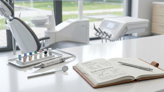 eine zahnärztliche arbeitsplatte mit zahnärztlichen werkzeugen farbmustern und einem aufgeschlagenen notizbuch mit notizen mit einem zahnärztlichen stuhl und geräten im hintergrund