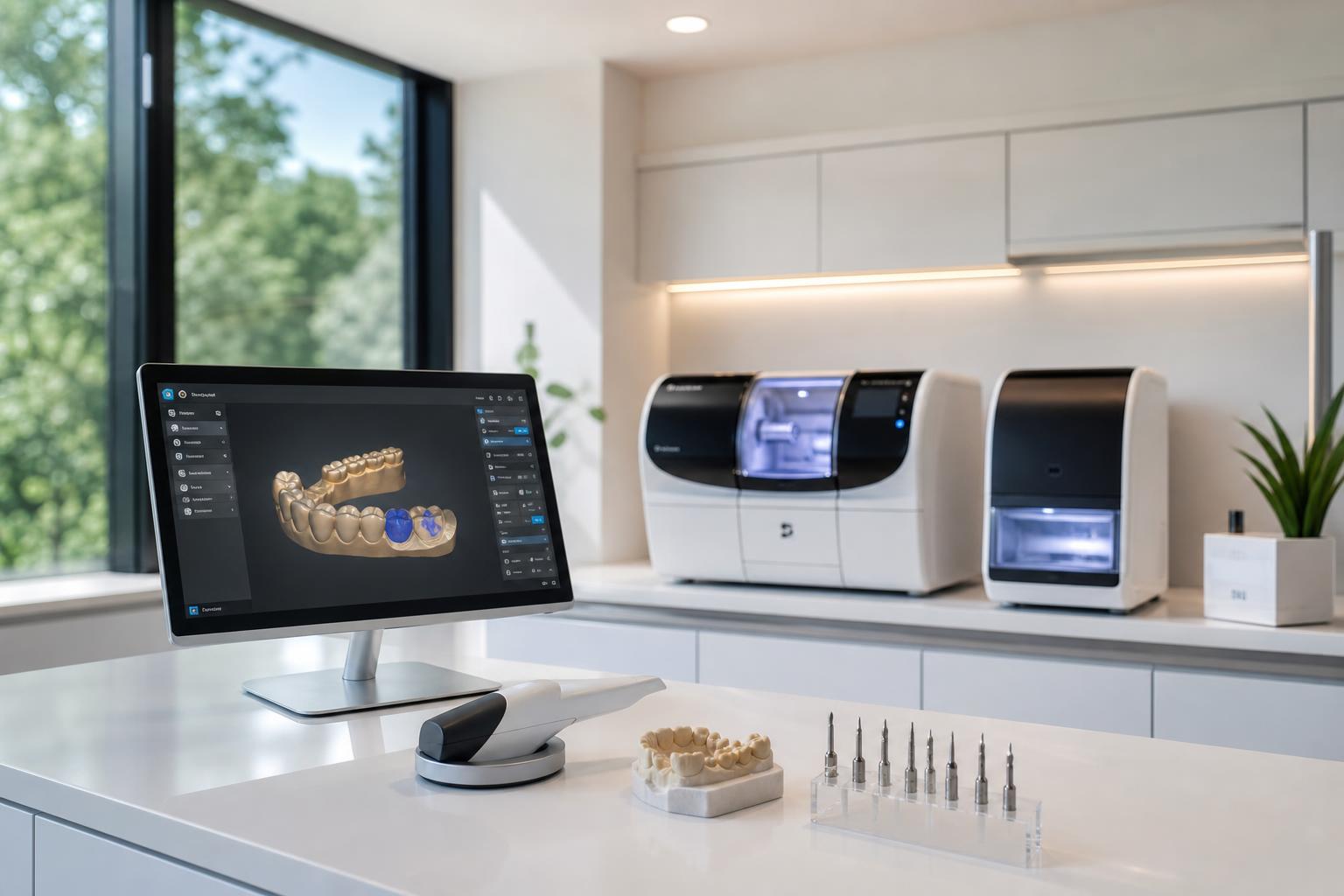 ein dentallabor mit einem computer der ein d modell von zähnen anzeigt zahnmedizinischen werkzeugen auf dem tresen und zwei d druckmaschinen im hintergrund