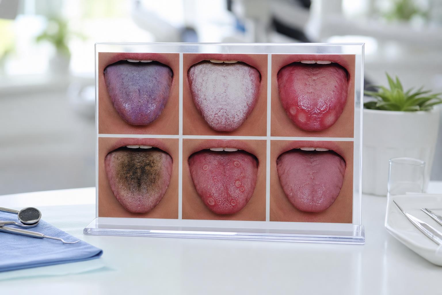 schautafel mit sechs nahaufnahmen von zungen mit unterschiedlichen verfärbungen und texturen die jeweils verschiedene orale oder medizinische zustände illustrieren
