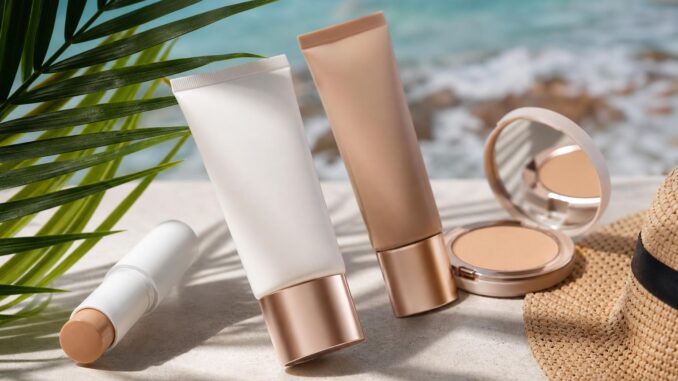 hautpflege und make up produkte darunter tuben ein stift und eine puderdose sind auf einer fläche im freien neben einem strohhut angeordnet mit dem meer und palmenblättern im hintergrund