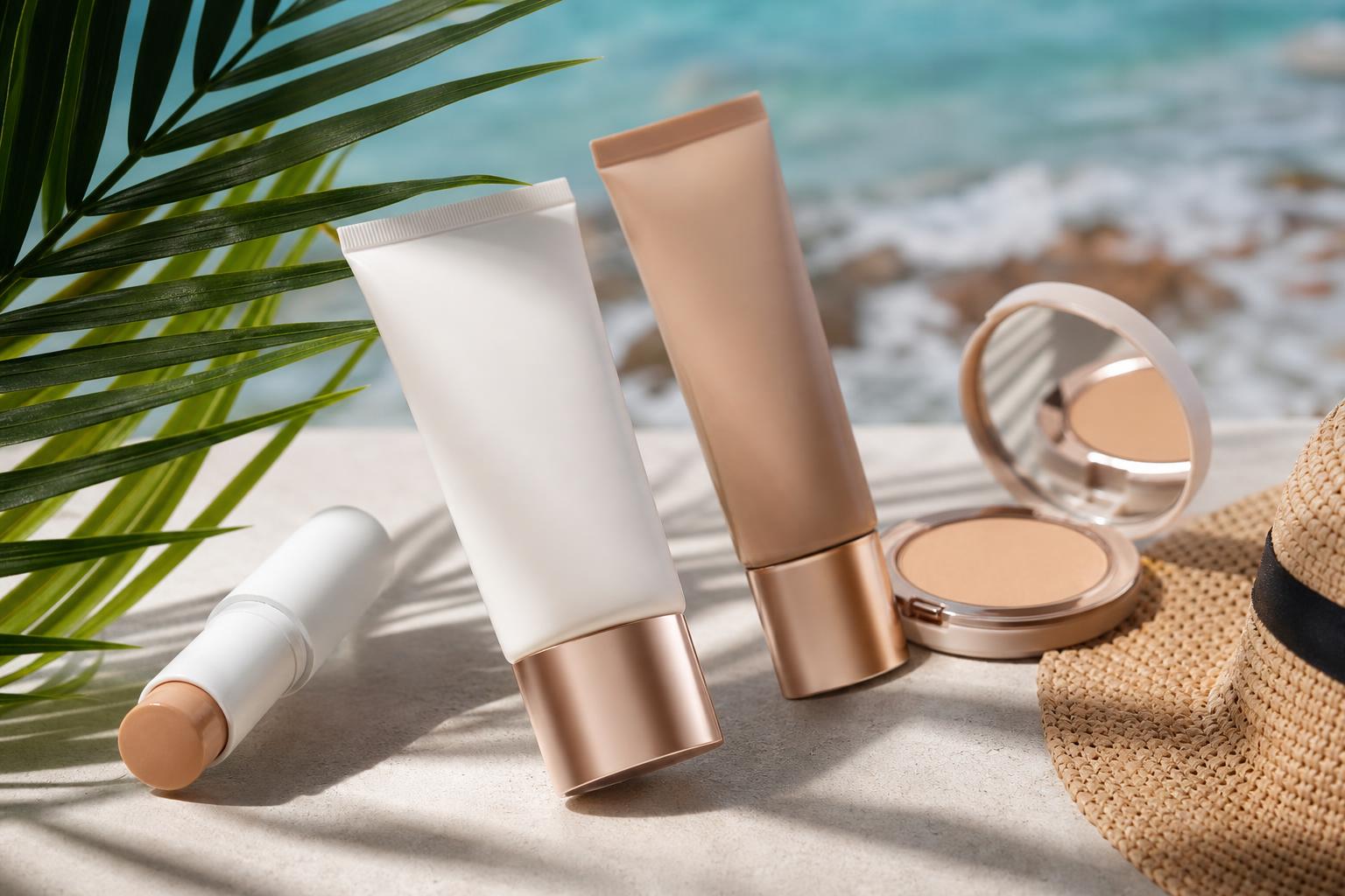 hautpflege und make up produkte darunter tuben ein stift und eine puderdose sind auf einer fläche im freien neben einem strohhut angeordnet mit dem meer und palmenblättern im hintergrund