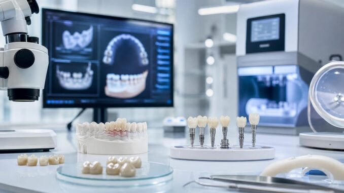 zahnlabor mit künstlichen zähnen zahnimplantaten einem modellkiefer einem mikroskop zahnärztlichen instrumenten und einem computerbildschirm auf dem digitale zahnscans in einer klinischen umgebung zu sehen sind