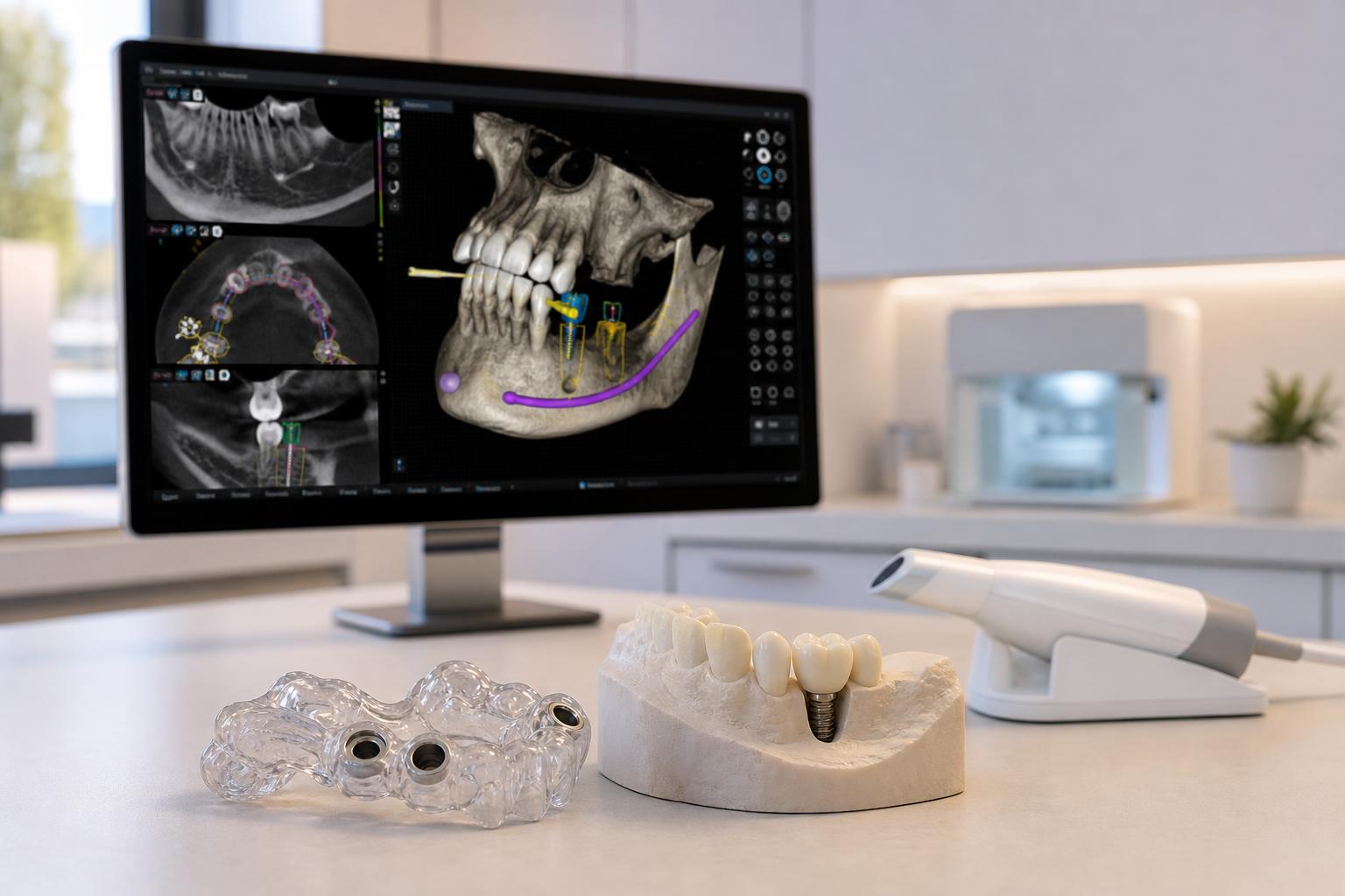 digitales dentallabor mit einem computer auf dem d zahnscans angezeigt werden einem zahnabdruck mit implantaten einer durchsichtigen bohrschablone und einem intraoralscanner auf einer arbeitsplatte