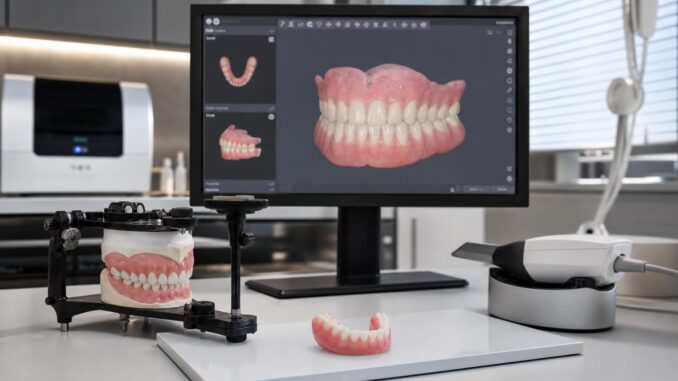 eine dentallaborausstattung mit zahnersatz auf einem modell einem d zahnscanner und einem computerbildschirm auf dem digitaler zahnersatz angezeigt wird