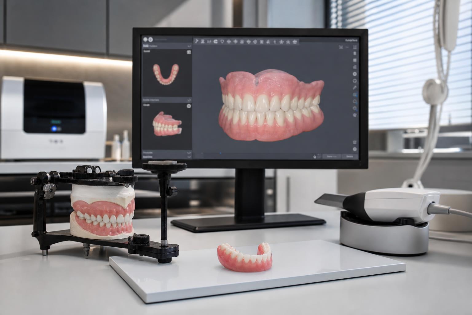 eine dentallaborausstattung mit zahnersatz auf einem modell einem d zahnscanner und einem computerbildschirm auf dem digitaler zahnersatz angezeigt wird