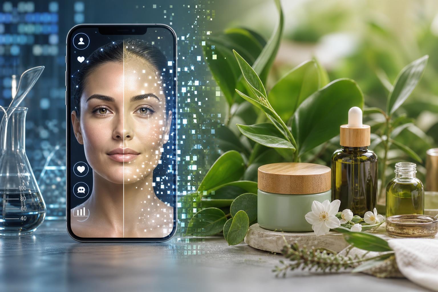 auf einem smartphone ist das gesicht einer frau mit digitalen effekten zu sehen daneben stehen auf einem tisch natürliche hautpflegeprodukte Ölflaschen und grünpflanzen