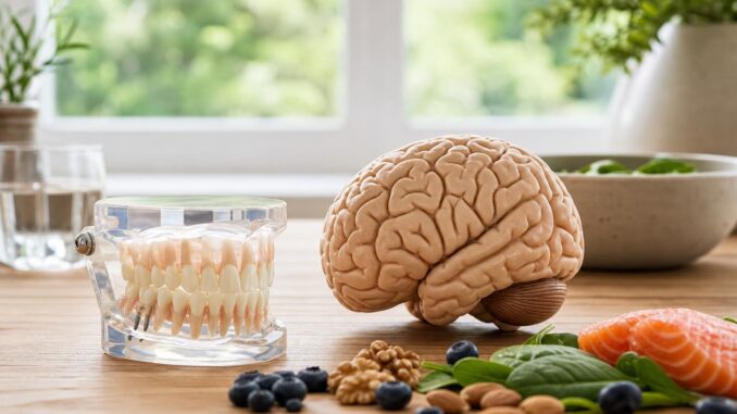 ein modell eines gehirns und von zähnen auf einem tisch mit lachs spinat nüssen und beeren was auf einen zusammenhang zwischen ernährung und gehirn oder mundgesundheit schließen lässt