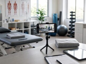 ein smartphone auf einem stativ filmt einen physiotherapieraum mit einer behandlungsliege trainingsgeräten gefalteten handtüchern einem klemmbrett und einem tablet auf einem schreibtisch