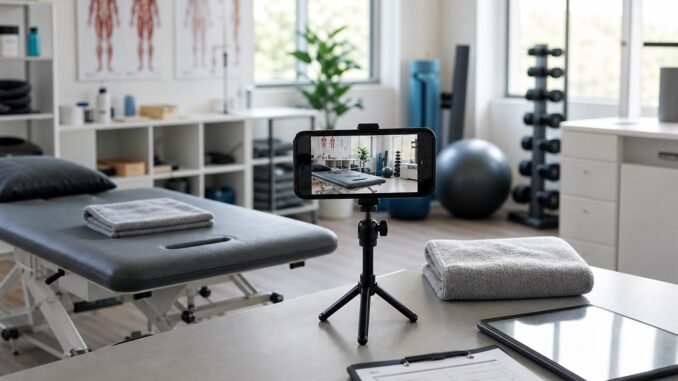 ein smartphone auf einem stativ filmt einen physiotherapieraum mit einer behandlungsliege trainingsgeräten gefalteten handtüchern einem klemmbrett und einem tablet auf einem schreibtisch