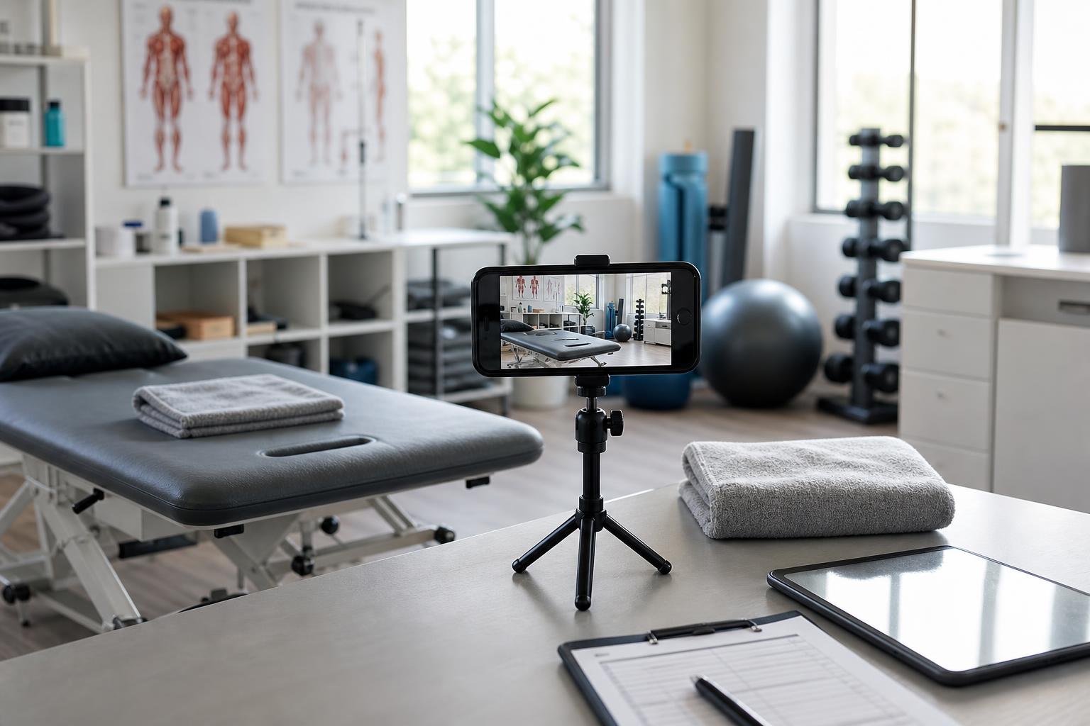 ein smartphone auf einem stativ filmt einen physiotherapieraum mit einer behandlungsliege trainingsgeräten gefalteten handtüchern einem klemmbrett und einem tablet auf einem schreibtisch