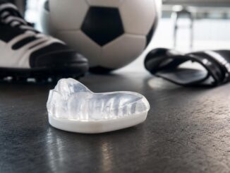 ein sportmundschutz liegt in einem fitnessstudio oder einer umkleidekabine auf dem boden neben einem fußballschuh einem fußball und einer slide sandale