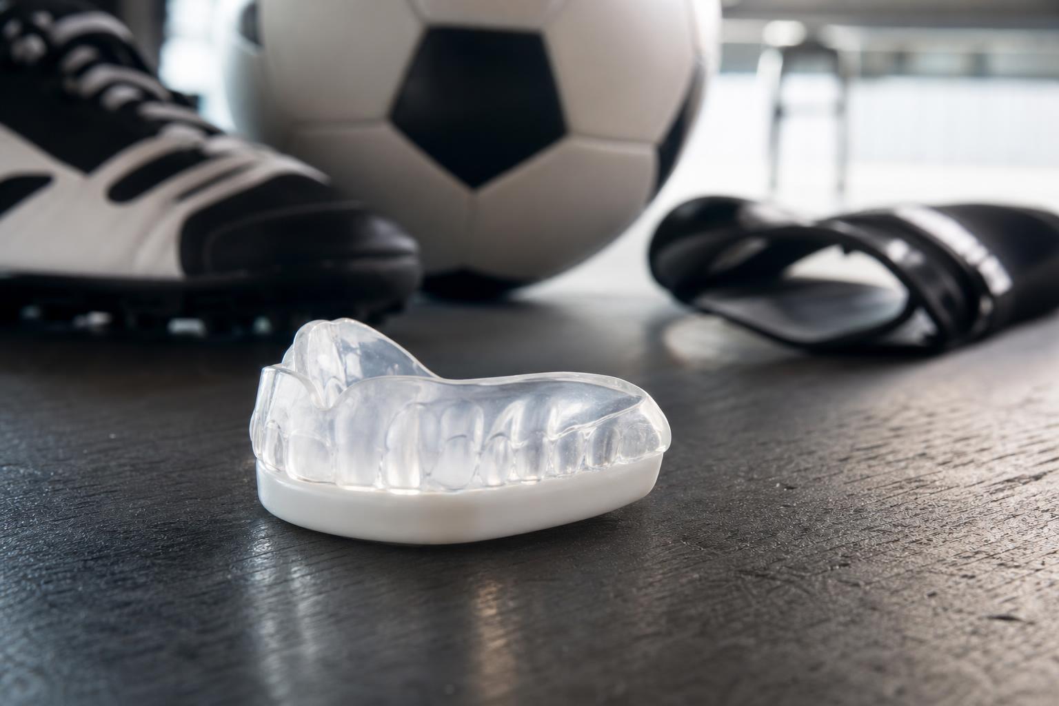 ein sportmundschutz liegt in einem fitnessstudio oder einer umkleidekabine auf dem boden neben einem fußballschuh einem fußball und einer slide sandale