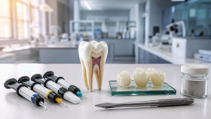 auf einem tisch in einem dentallabor liegen zahnärztliche instrumente ein zahnmodell künstliche zähne spritzen mit zahnkomposit und ein glas