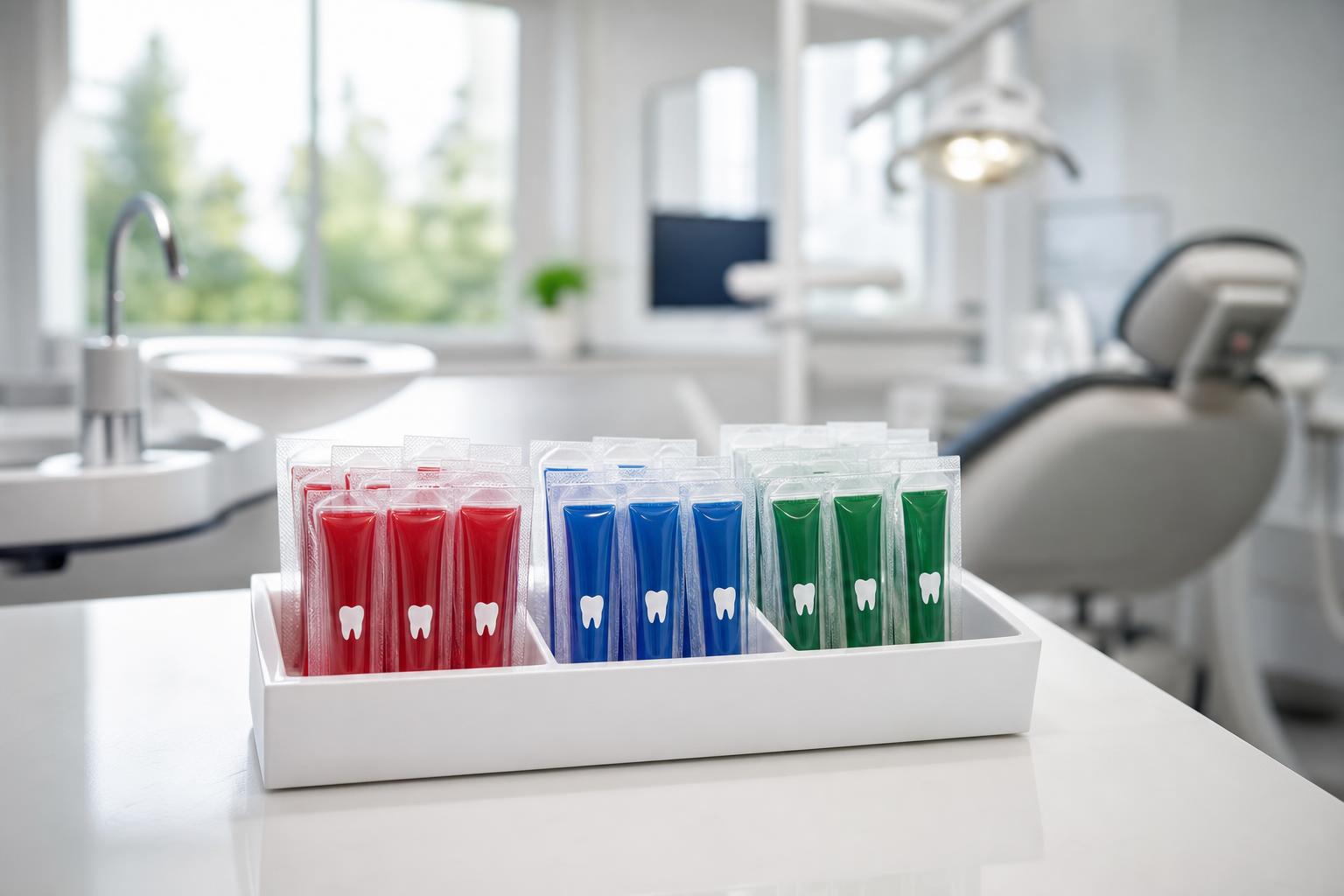 drei reihen einzeln verpackter zahnbürsten mit roten blauen und grünen griffen ausgestellt in einer weißen schale auf einer theke in einer zahnarztpraxis