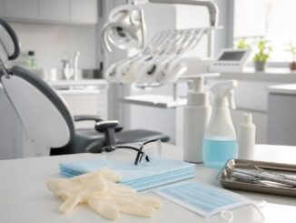 einrichtung einer zahnarztpraxis mit einem behandlungsstuhl schutzbrillen handschuhen gesichtsmasken reinigungssprühflaschen sowie zahnärztlichen instrumenten auf einem tablett und tüchern