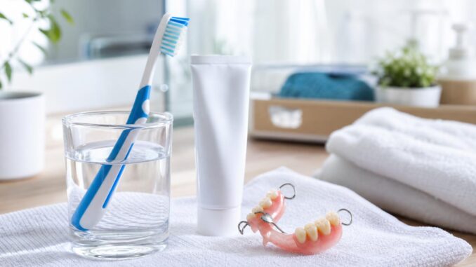 eine zahnbürste in einem glas wasser eine tube zahnpasta und eine zahnprothese liegen auf einem weißen handtuch in einem hellen badezimmer