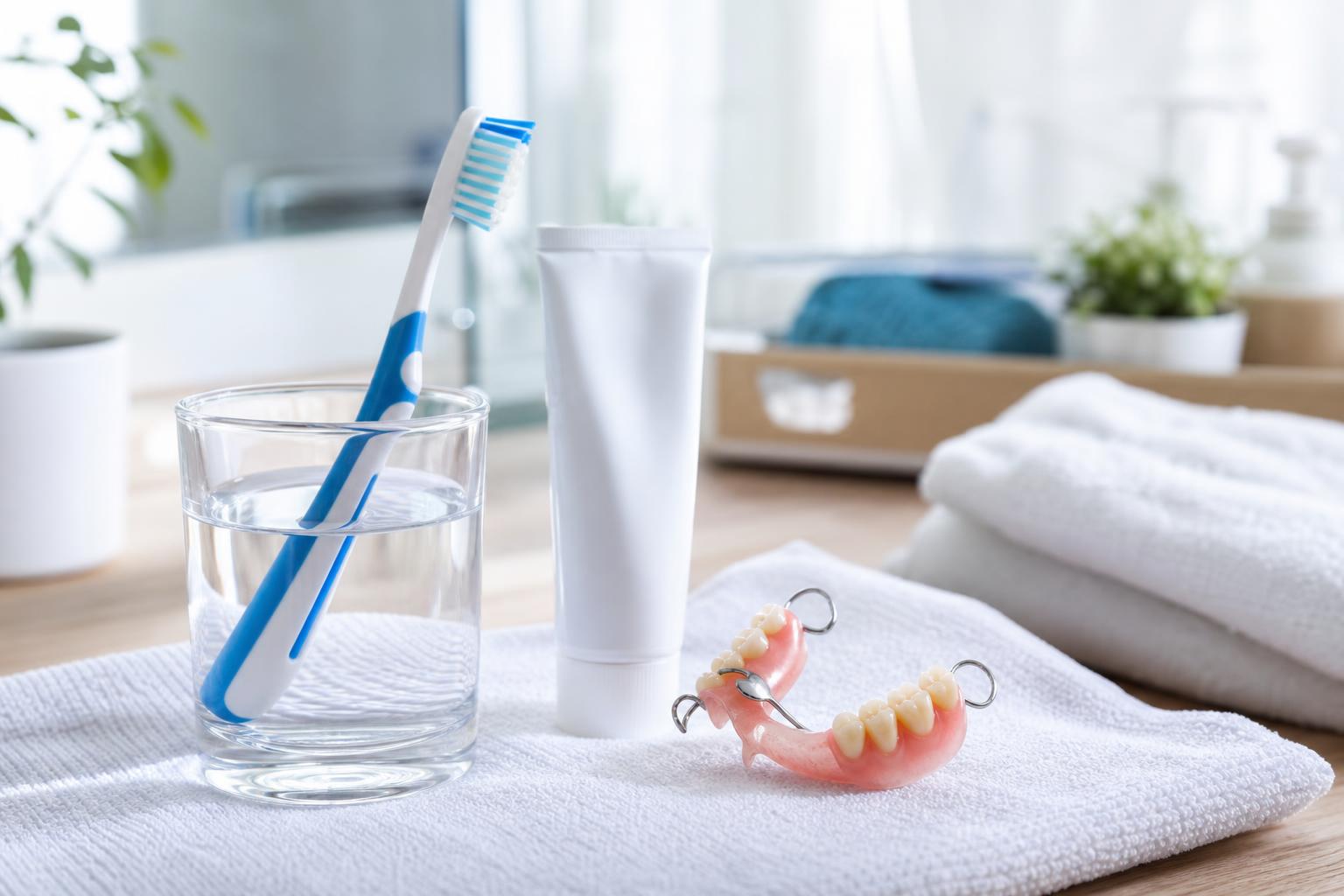 eine zahnbürste in einem glas wasser eine tube zahnpasta und eine zahnprothese liegen auf einem weißen handtuch in einem hellen badezimmer