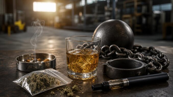 ein glas whisky ein rauchender aschenbecher mit zigaretten eine tüte cannabis ein vape pen und metallfesseln mit kugel und kette auf einem tisch in einer industrieumgebung