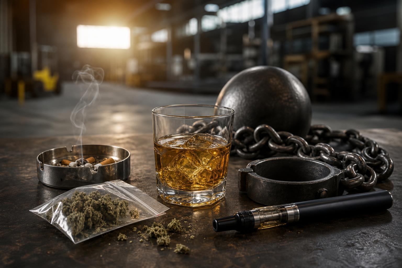 ein glas whisky ein rauchender aschenbecher mit zigaretten eine tüte cannabis ein vape pen und metallfesseln mit kugel und kette auf einem tisch in einer industrieumgebung