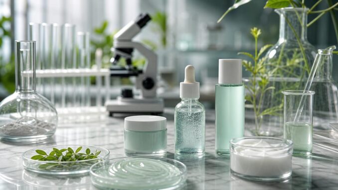 labortisch mit flaschen tiegeln und pipetten für hautpflegeprodukte umgeben von glaswaren petrischalen pflanzen und einem mikroskop im hintergrund
