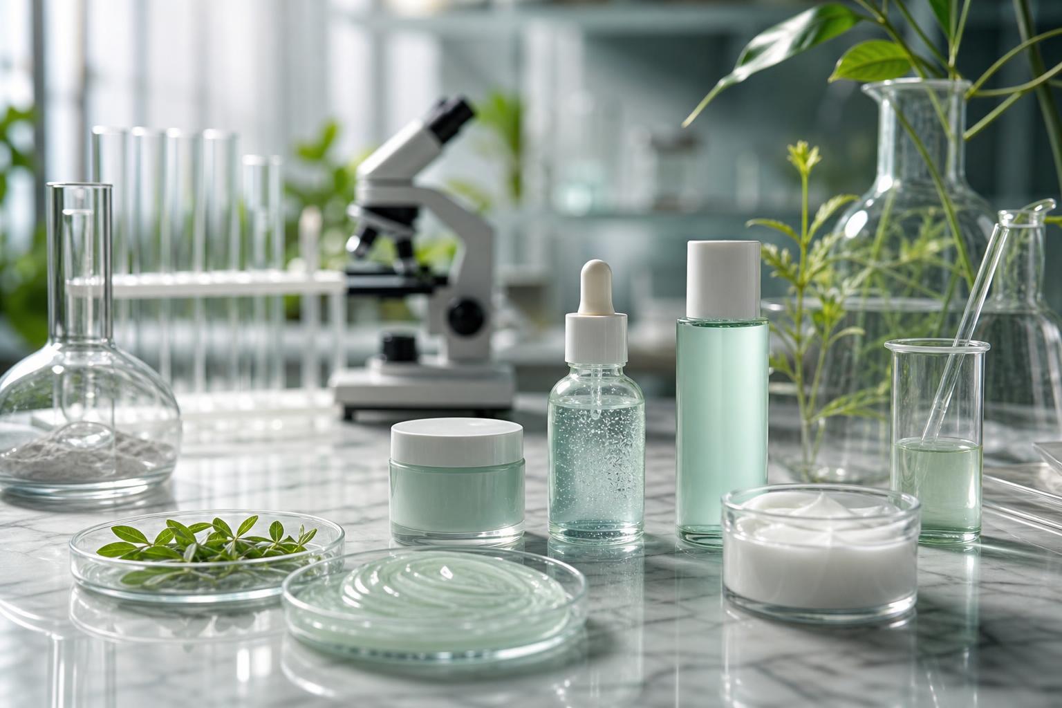 labortisch mit flaschen tiegeln und pipetten für hautpflegeprodukte umgeben von glaswaren petrischalen pflanzen und einem mikroskop im hintergrund