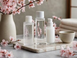 drei kosmetikflaschen eine keramikschale eine vase mit rosa kirschblüten und gefaltete handtücher sind auf einem marmortablett auf einer grauen fläche angeordnet